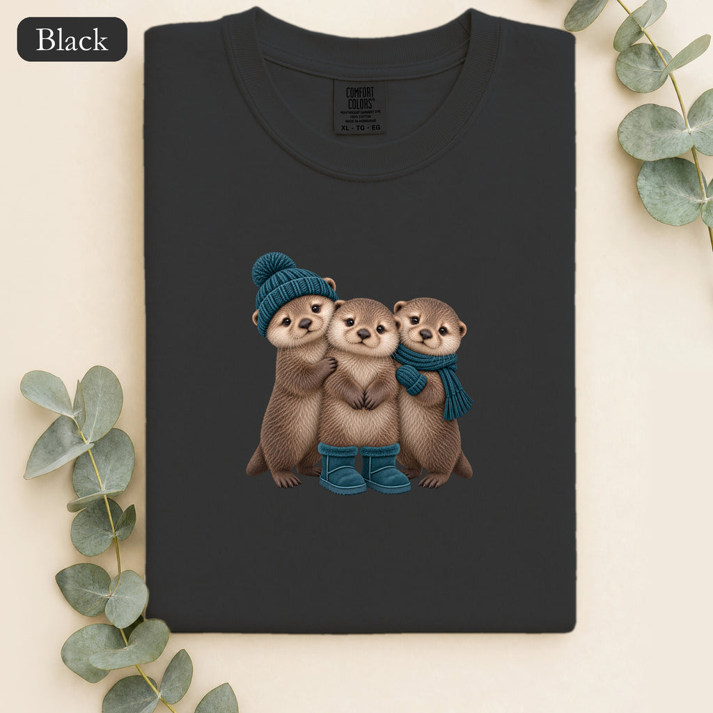 Three Otters Wearing Winter Hats Boots shirt | Cute Otter Trio Design