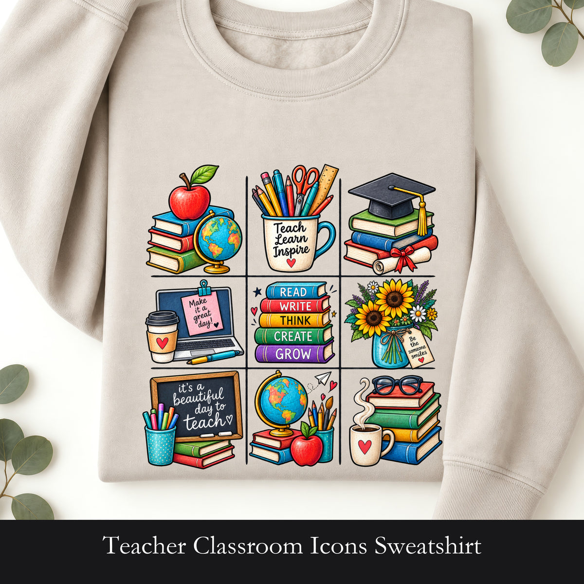 Teacher Classroom Icons Sweatshirt | Books, Globe, Apple, Chalkboard