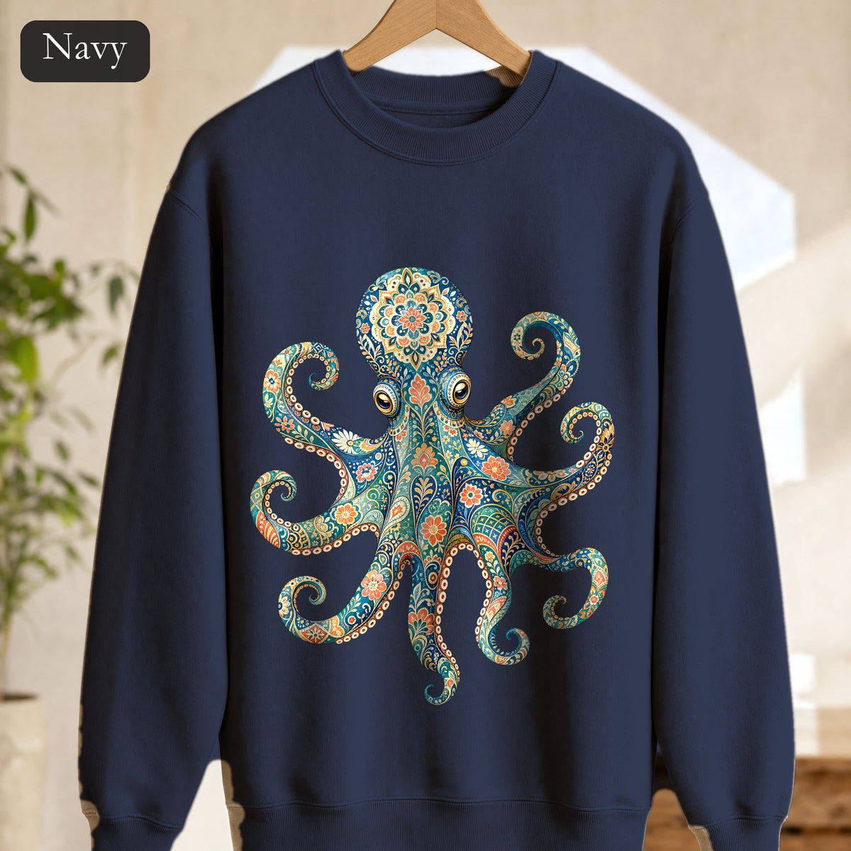 Boho Octopus Shirt, Folk Art Octopus Tee, Japanese Pattern Ocean Lover Gift, Vintage Floral Octopus Sweatshirt