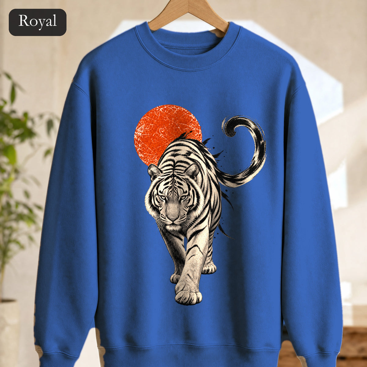 White Tiger with Red Sun Sweatshirt, Japanese Woodblock Tiger Crewneck, Red Sun Graphic Gift, Asian Art Sweatshirt