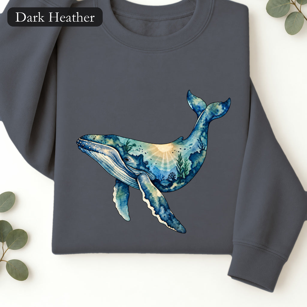 Dreamy Blue Watercolor Whale Sweatshirt | Ocean Marine Mammal Art