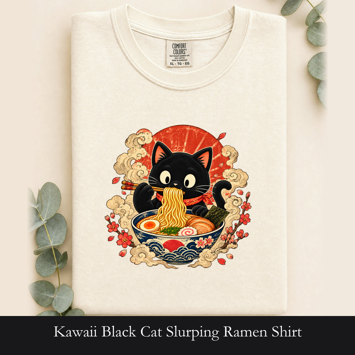 Kawaii Black Cat Slurping Ramen Shirt | Japanese Noodles, Retro Floral