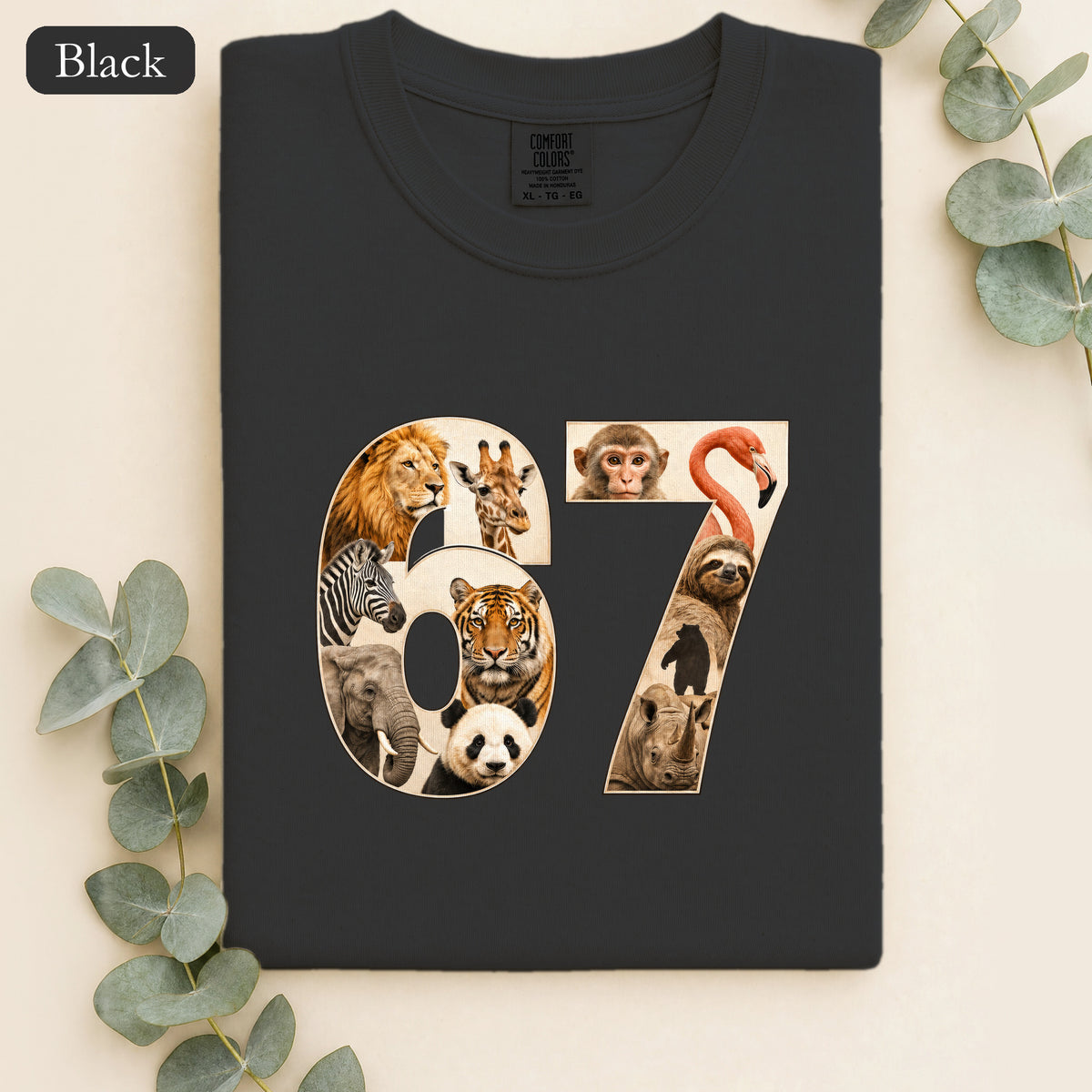 67 Zoo Animals Shirt, Funny 67 Meme Tee, Trendy Animal Number Gift, Giraffe Elephant Lion Sweatshirt