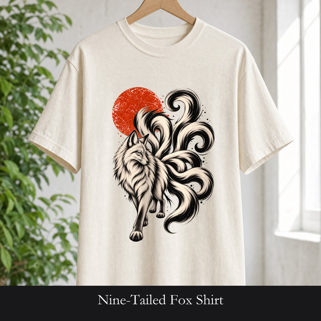Nine-Tailed Fox Shirt, Kitsune Red Sun Tee, Japanese Folklore T-Shirt, Mythical Fox Spirit Top