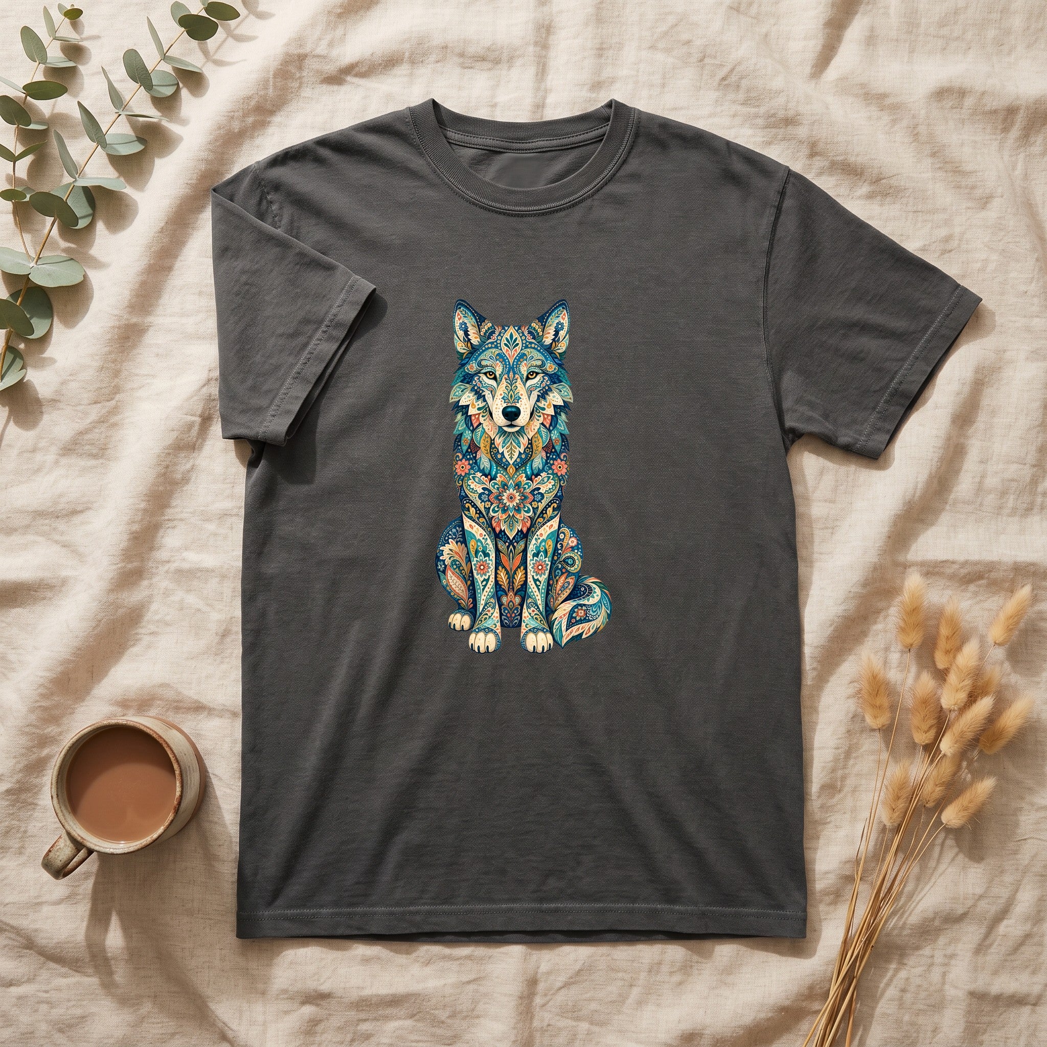 Boho Wolf Shirt, Folk Art Wolf Tee, Japanese Pattern Wolf Lover Gift, Vintage Floral Wolf Sweatshirt