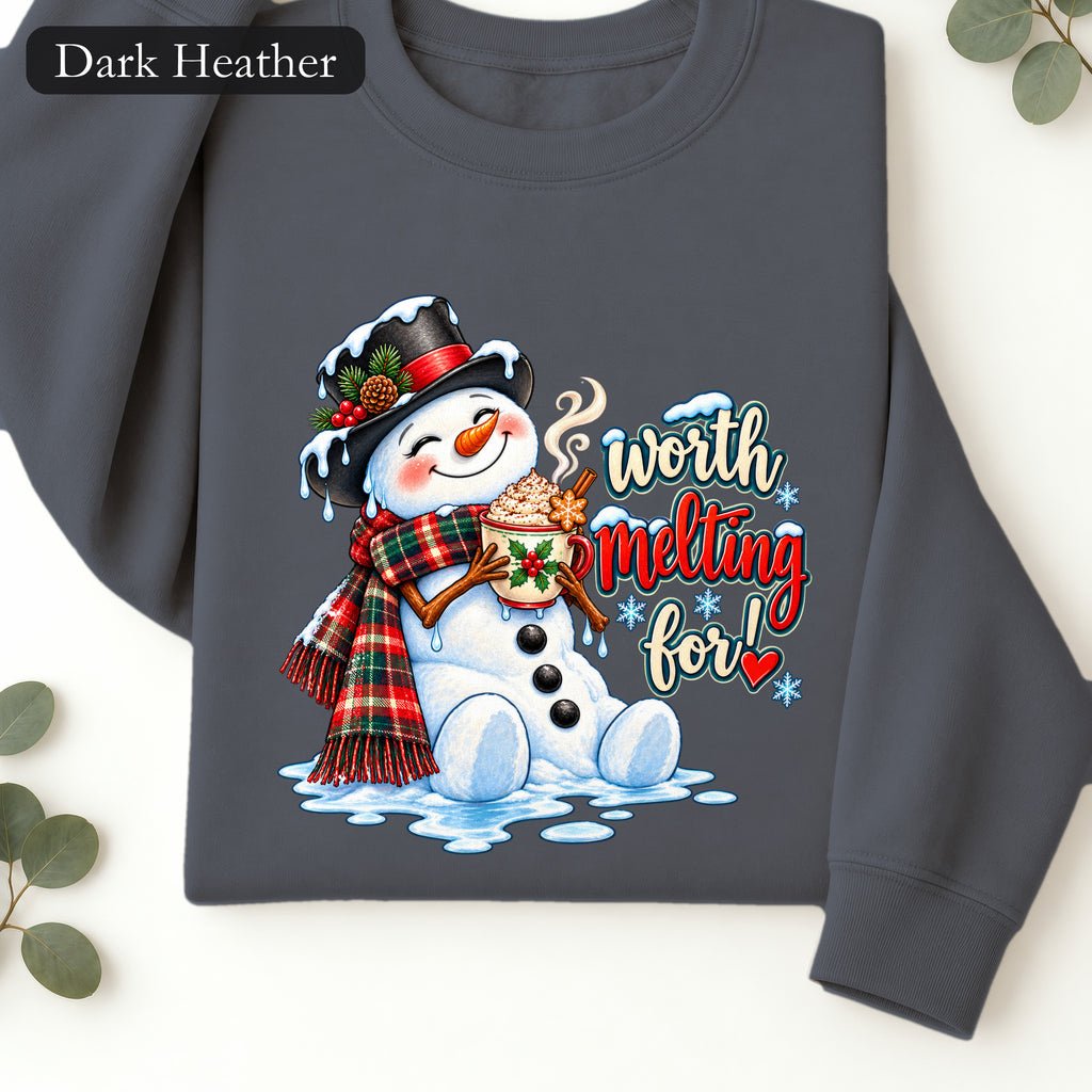 Worth melting for -Snowman with with cocoa Sweatshirt | Christmas Holiday Snowman Crewneck