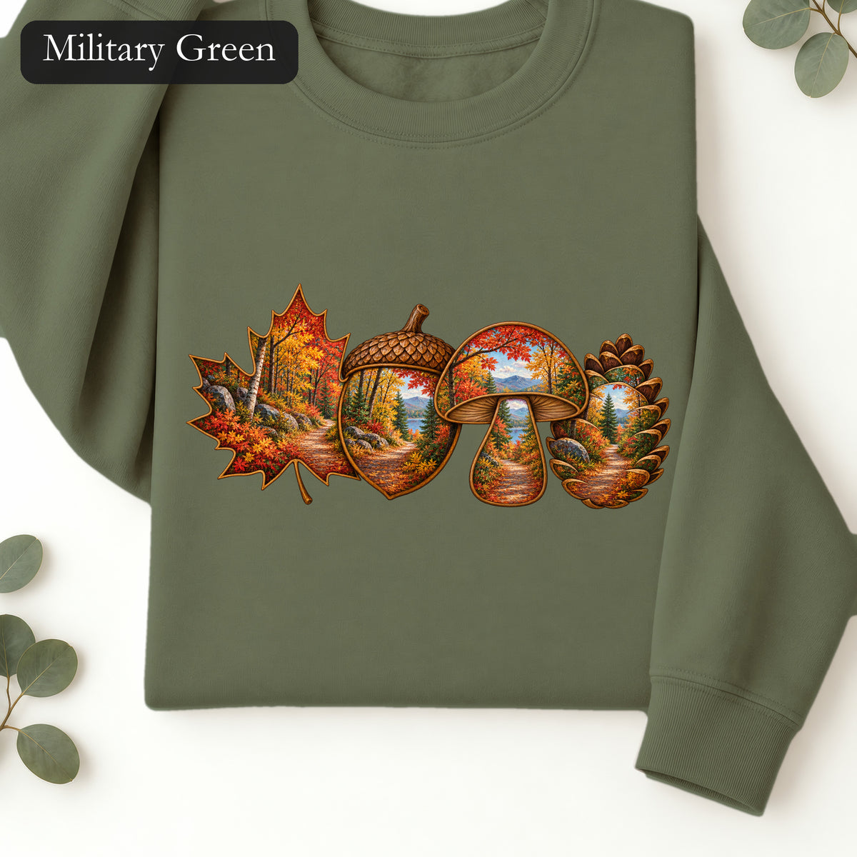 Autumn Lake Scene on Maple Leaves Sweatshirt | Fall Landscape Crewneck