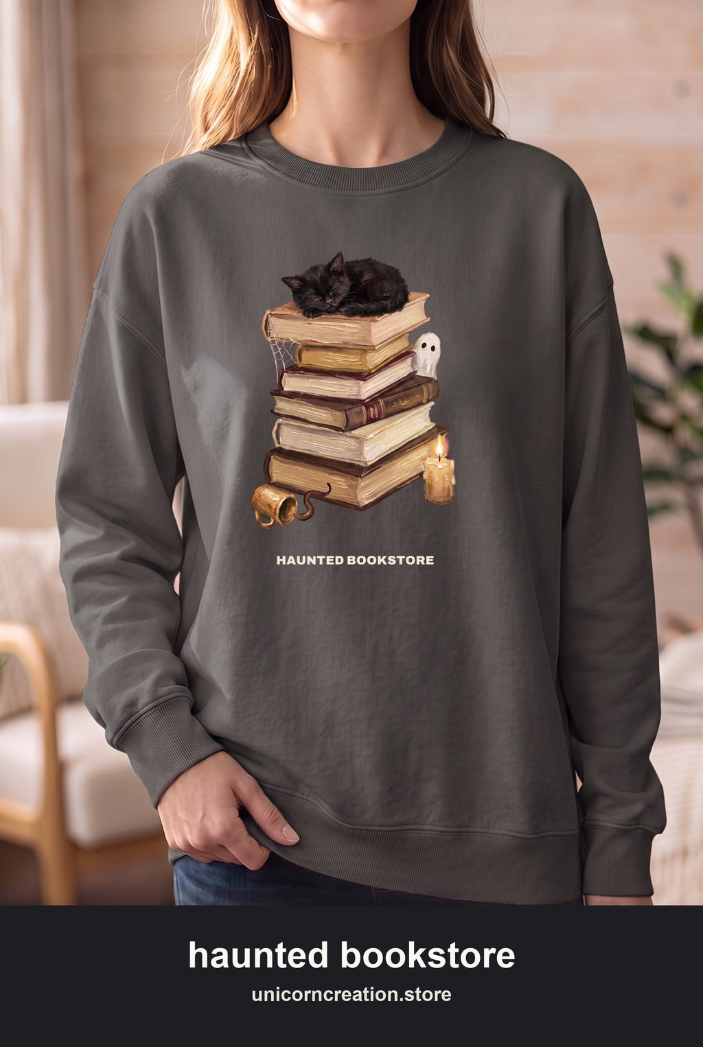 Haunted Bookstore Cat Sweatshirt, Bookish Halloween Crewneck, Dark Academia Ghost Sweatshirt, Book Lover Spooky Season Gift