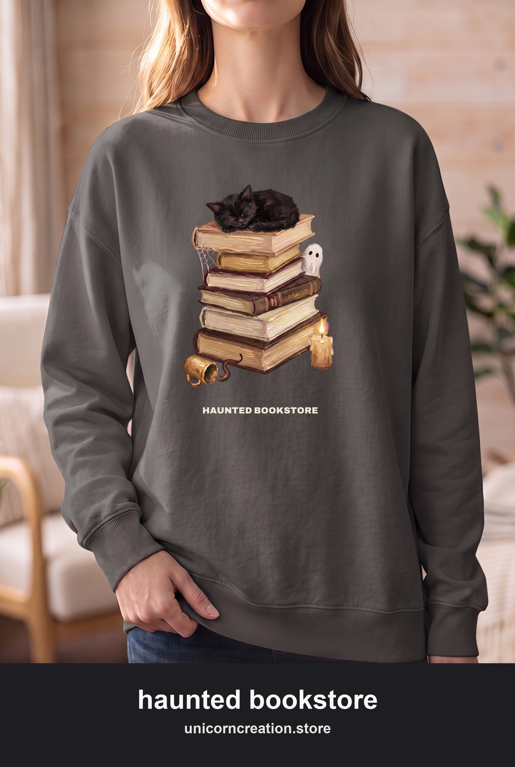 Haunted Bookstore Cat Sweatshirt, Bookish Halloween Crewneck, Dark Academia Ghost Sweatshirt, Book Lover Spooky Season Gift