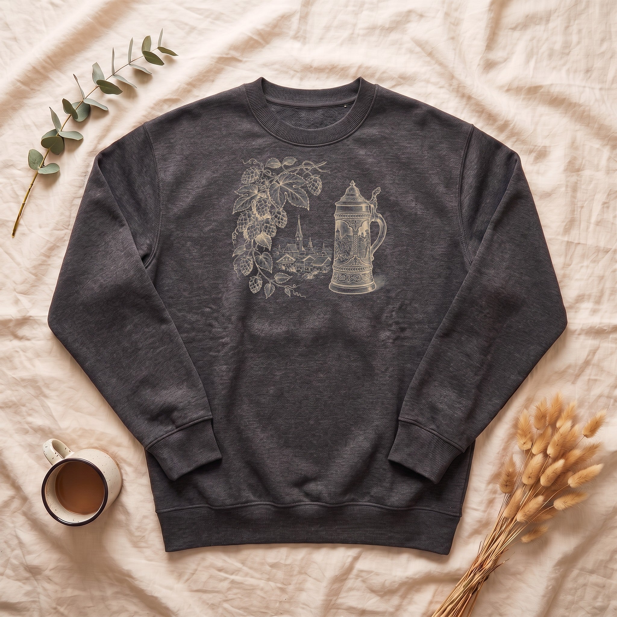 Vintage Beer Stein Illustration Sweatshirt | Hops Vine Scenic Design