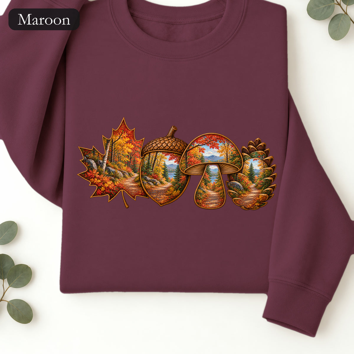 Autumn Lake Scene on Maple Leaves Sweatshirt | Fall Landscape Crewneck