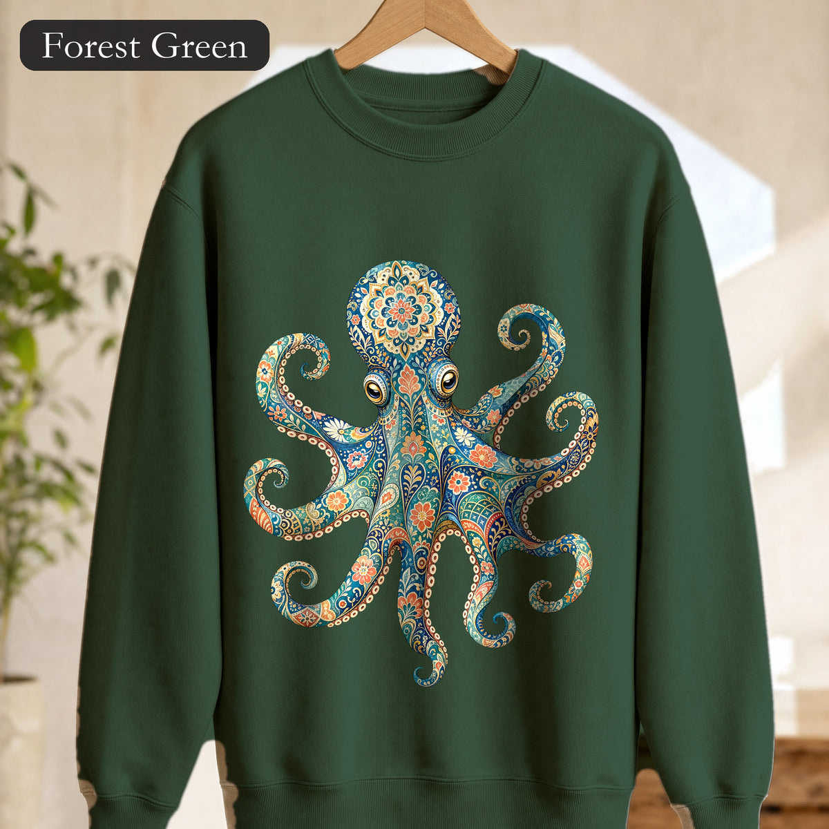 Boho Octopus Shirt, Folk Art Octopus Tee, Japanese Pattern Ocean Lover Gift, Vintage Floral Octopus Sweatshirt