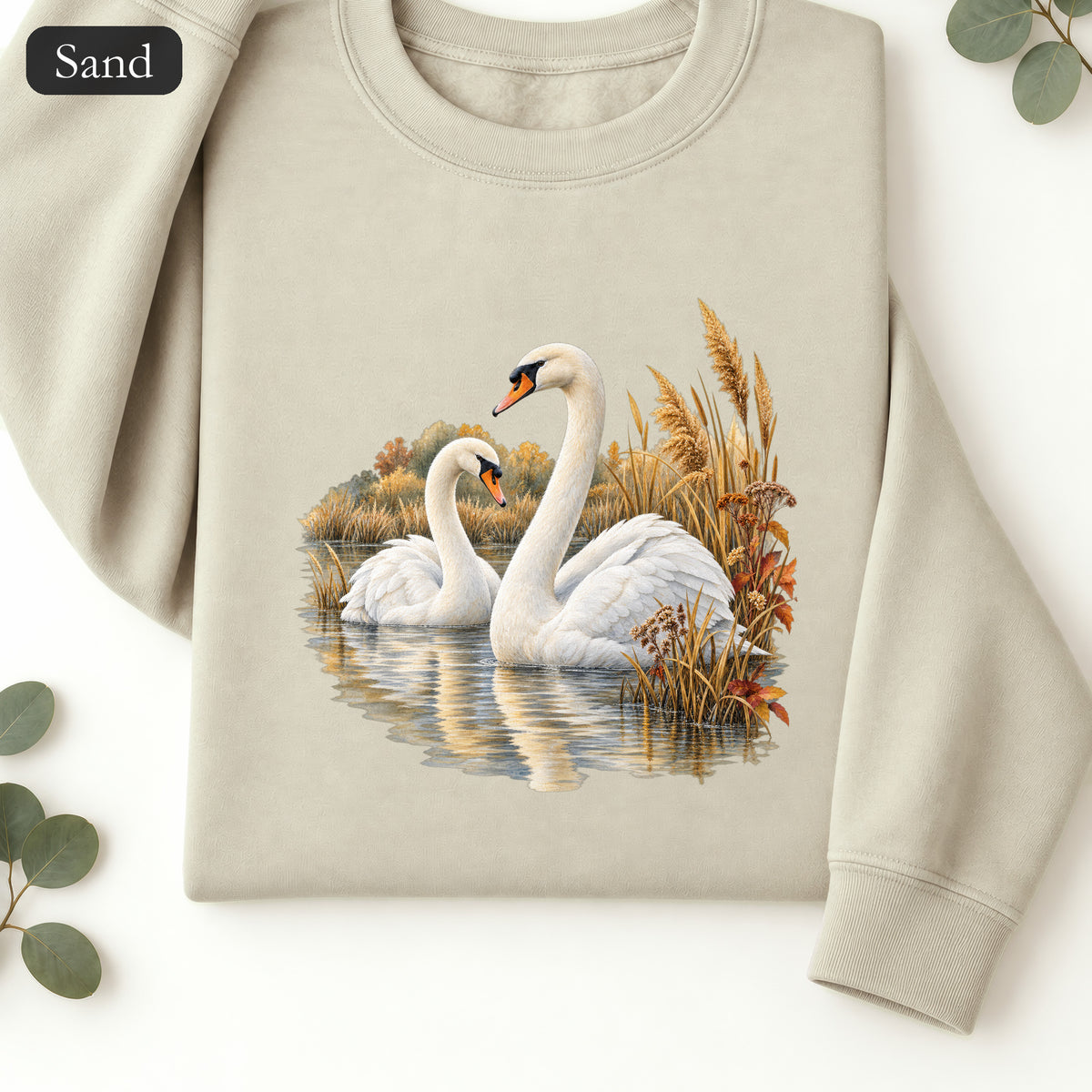 Swan Pair Crewneck Sweatshirt | White Swans Pond Illustration