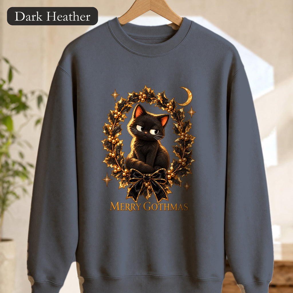 Merry Gothmas Black Cat Sweatshirt | Gothic Christmas Holly Wreath and Crescent Moon, Spooky Cat Lover Holiday Gift