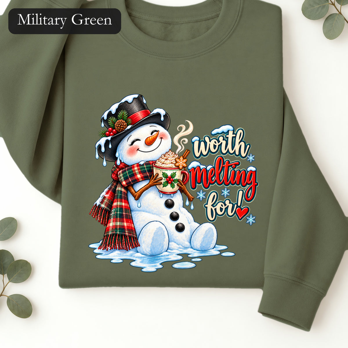 Worth melting for -Snowman with with cocoa Sweatshirt | Christmas Holiday Snowman Crewneck