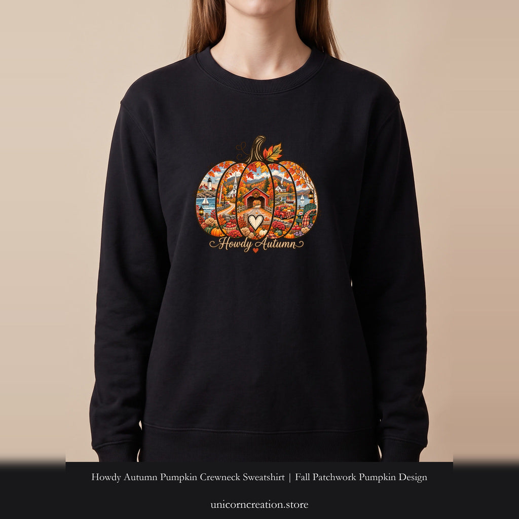 Howdy Autumn Pumpkin Crewneck Sweatshirt | Fall Patchwork Pumpkin Design, Vintage design