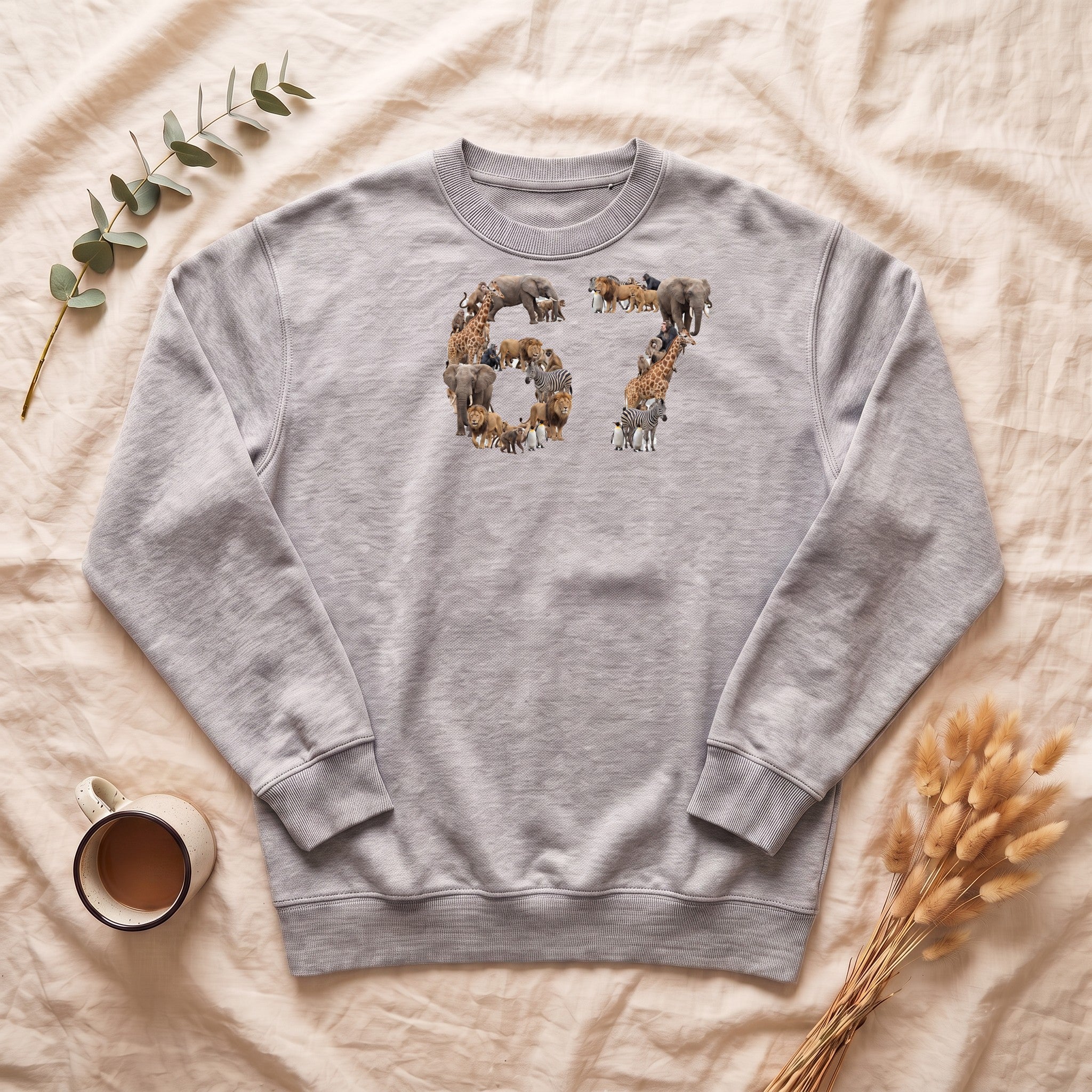 67 Zoo Animals Shirt, Funny 67 Meme Tee, Trendy Animal Number Gift, Giraffe Elephant Lion Sweatshirt