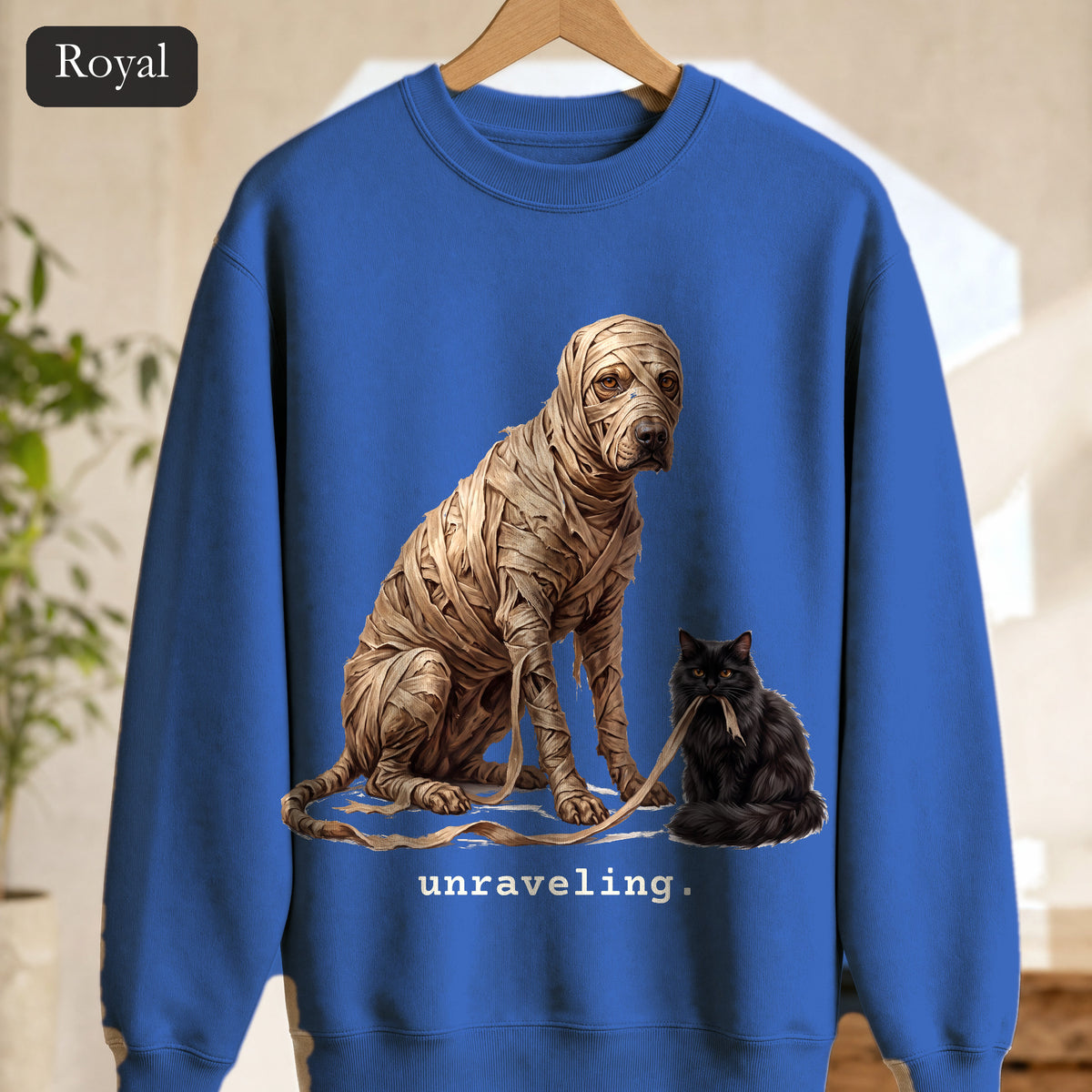 Unraveling Mummy & Cat Sweatshirt, Funny Halloween Mummy Crewneck, Cozy Deadpan Spooky Sweatshirt, Black Cat Lover Gift