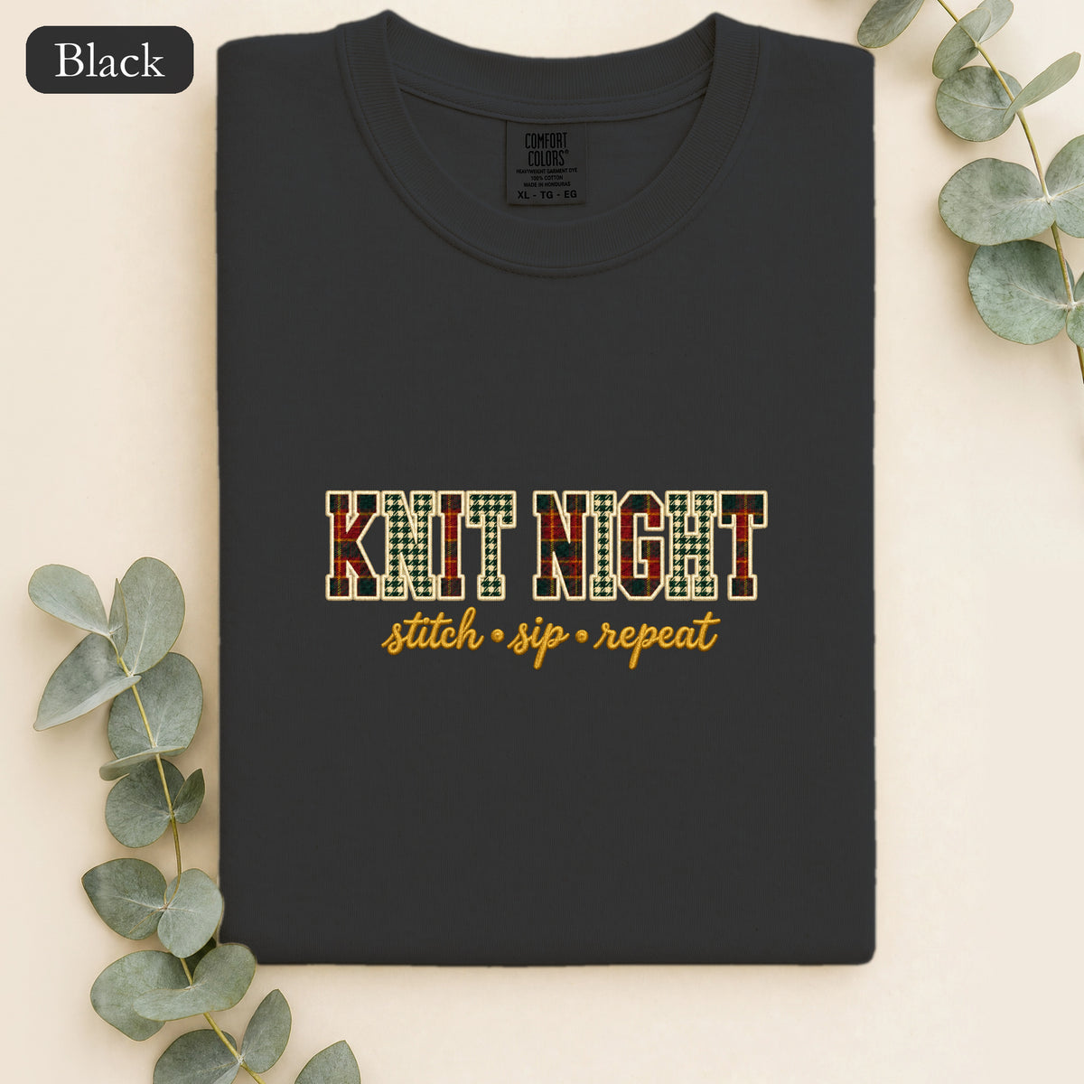 Embroidered Knit Night Stitch Sip Repeat Shirt
