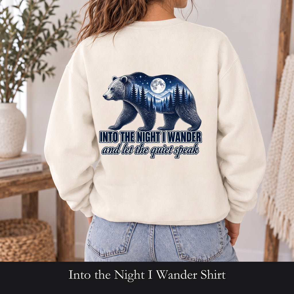 Into the Night I Wander Shirt, Bear Double Exposure Tee, Moonlit Forest Camping Gift, Woodland Nature Sweatshirt