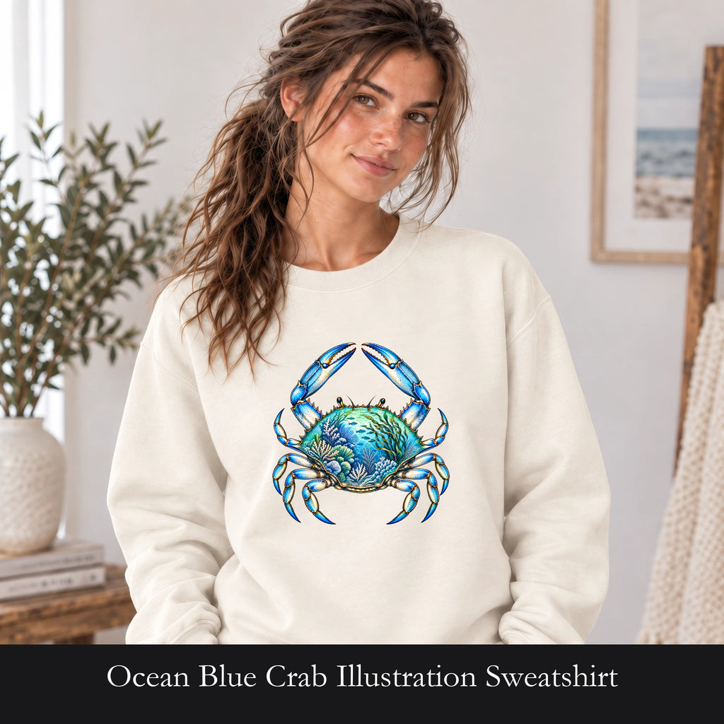 Ocean Blue Crab Illustration Sweatshirt | Coastal Sea Life Crewneck