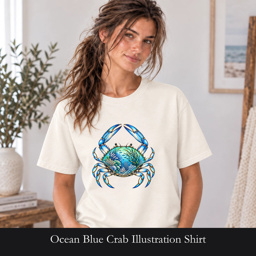Ocean Blue Crab Illustration Shirt | Coastal Sea Life Tee