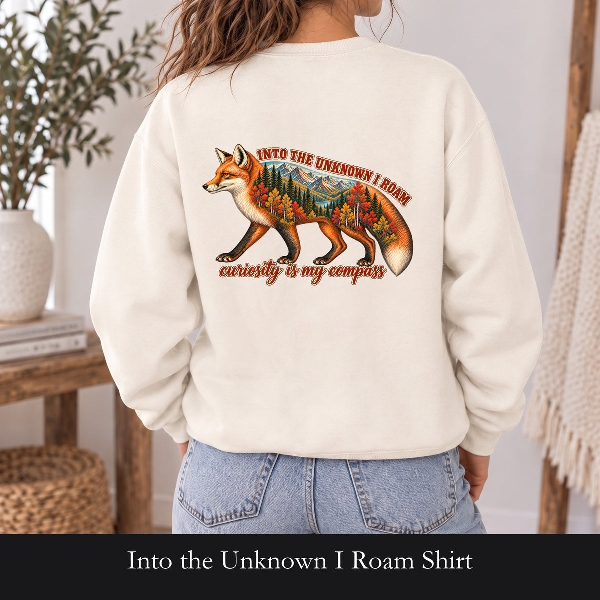 Into the Unknown I Roam Shirt, Fox Double Exposure Tee, Woodland Wanderlust Adventure Gift, Nature Hiking Sweatshirt