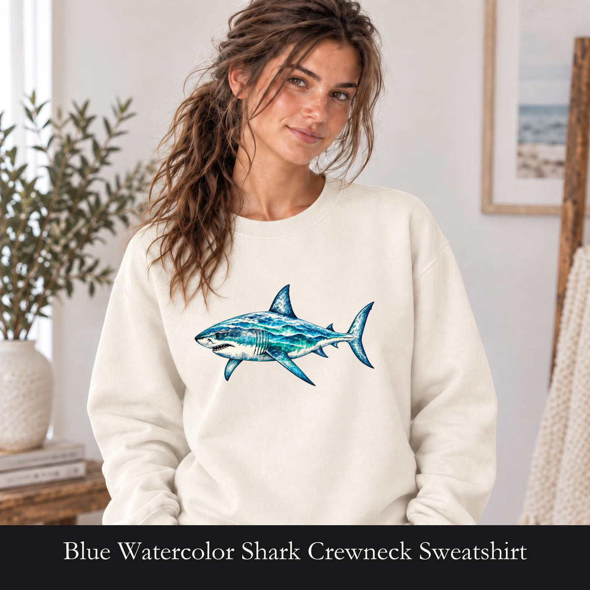 Blue Watercolor Shark Crewneck Sweatshirt | Ocean Fish Illustration