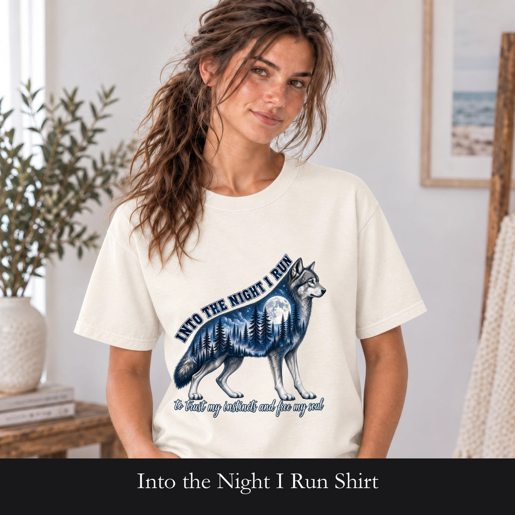 Into the Night I Run Shirt, Wolf Double Exposure Tee, Moonlit Forest Wild Spirit Gift, Woodland Nature Sweatshirt