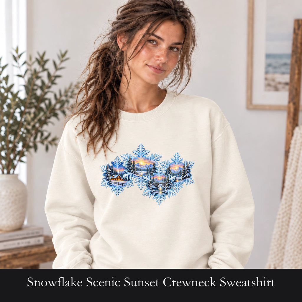 Snowflake Scenic Sunset Crewneck Sweatshirt | Winter Lake Landscape