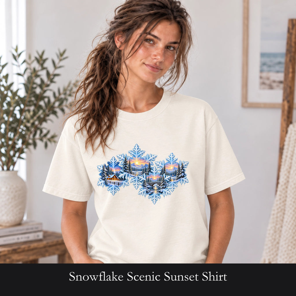 Snowflake Scenic Sunset Shirt | Winter Lake Landscape