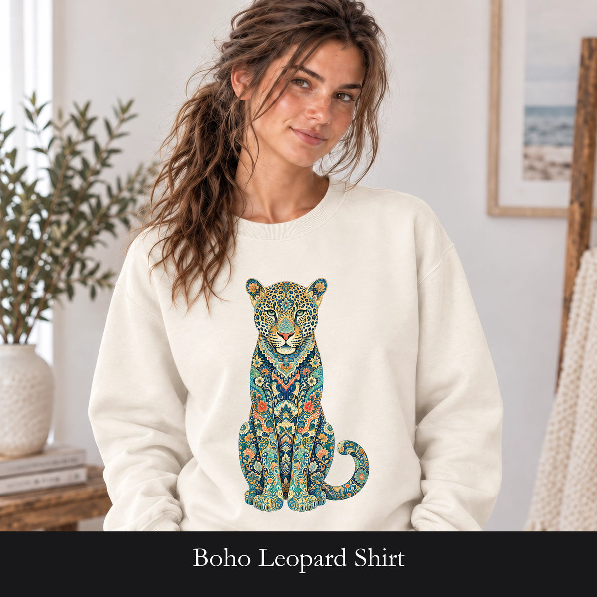 Boho Leopard Shirt, Folk Art Leopard Tee, Japanese Pattern Big Cat Lover Gift, Vintage Floral Leopard Sweatshirt