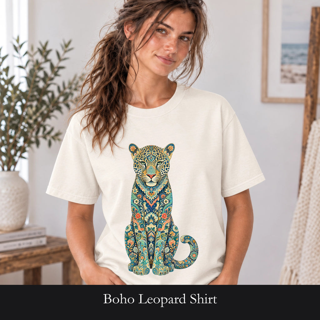 Boho Leopard Shirt, Folk Art Leopard Tee, Japanese Pattern Big Cat Lover Gift, Vintage Floral Leopard Sweatshirt