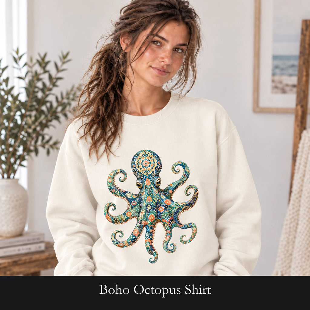 Boho Octopus Shirt, Folk Art Octopus Tee, Japanese Pattern Ocean Lover Gift, Vintage Floral Octopus Sweatshirt
