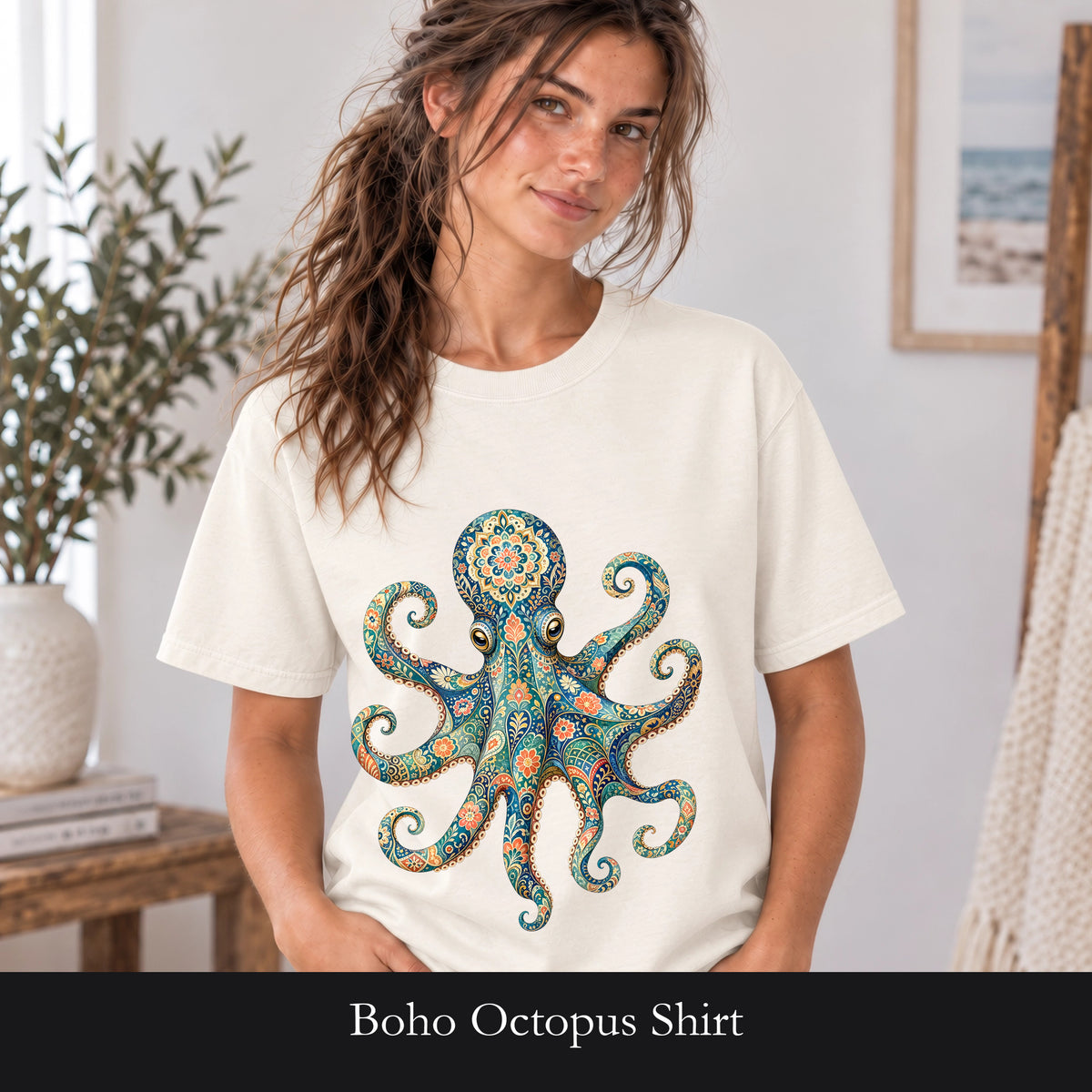 Boho Octopus Shirt, Folk Art Octopus Tee, Japanese Pattern Ocean Lover Gift, Vintage Floral Octopus Sweatshirt
