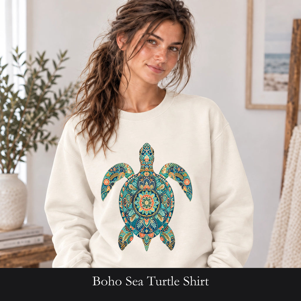 Boho Sea Turtle Shirt, Folk Art Turtle Tee, Japanese Pattern Ocean Lover Gift, Vintage Floral Turtle Sweatshirt