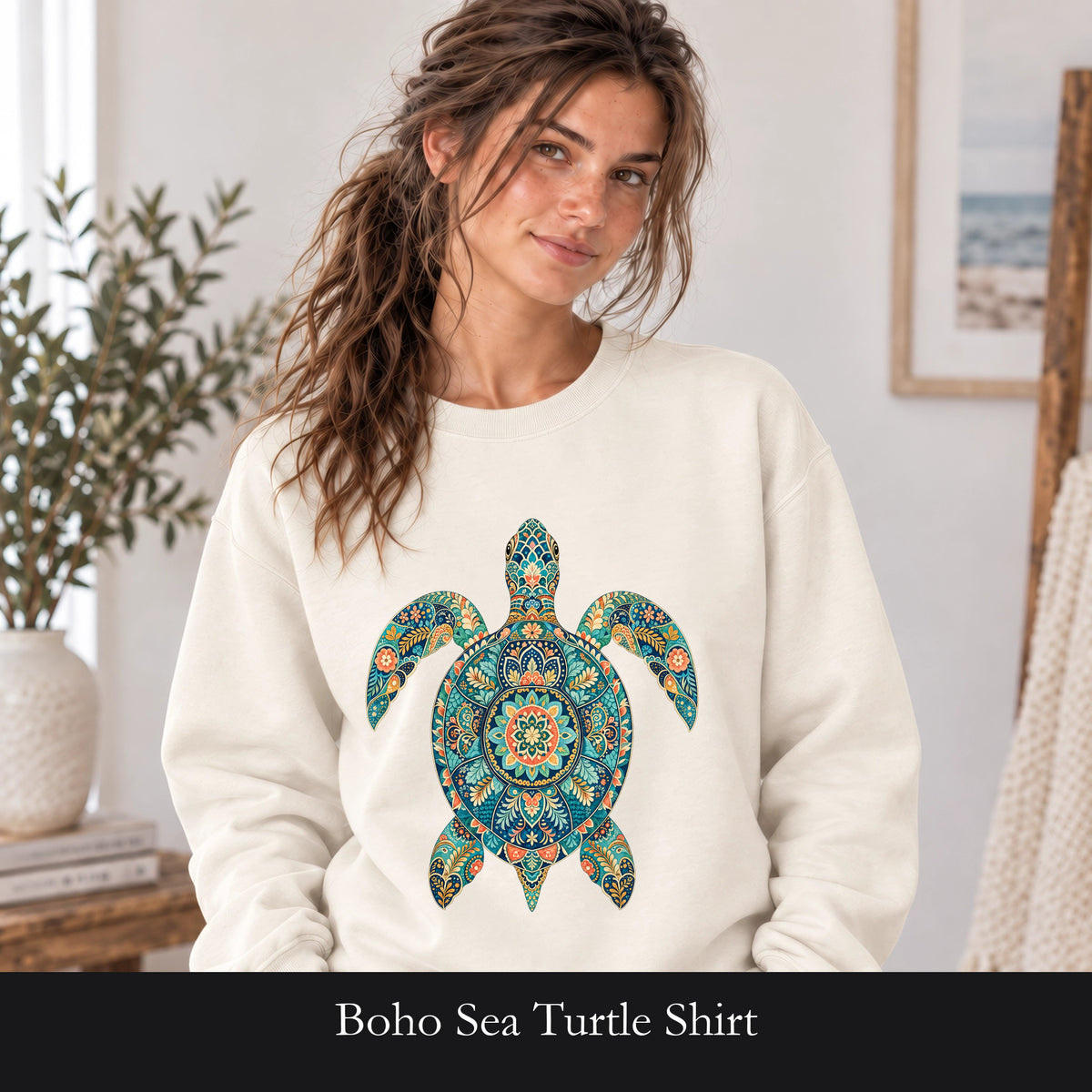 Boho Sea Turtle Shirt, Folk Art Turtle Tee, Japanese Pattern Ocean Lover Gift, Vintage Floral Turtle Sweatshirt