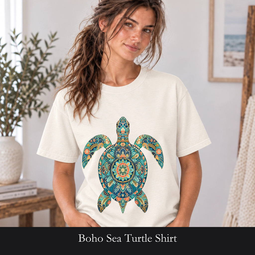 Boho Sea Turtle Shirt, Folk Art Turtle Tee, Japanese Pattern Ocean Lover Gift, Vintage Floral Turtle Sweatshirt