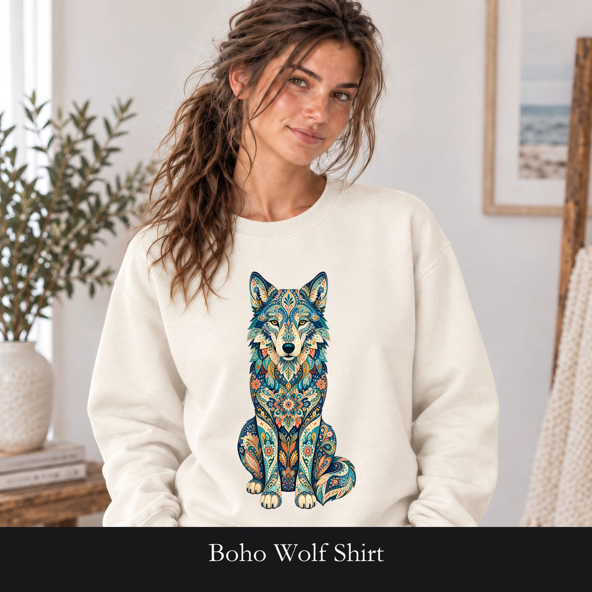 Boho Wolf Shirt, Folk Art Wolf Tee, Japanese Pattern Wolf Lover Gift, Vintage Floral Wolf Sweatshirt