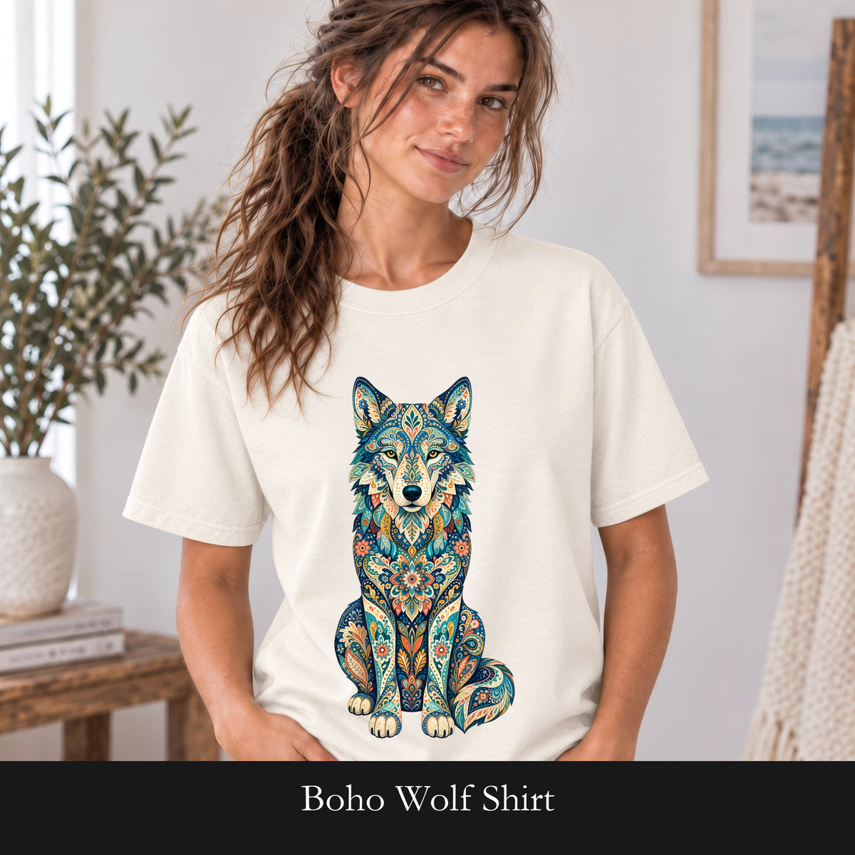 Boho Wolf Shirt, Folk Art Wolf Tee, Japanese Pattern Wolf Lover Gift, Vintage Floral Wolf Sweatshirt