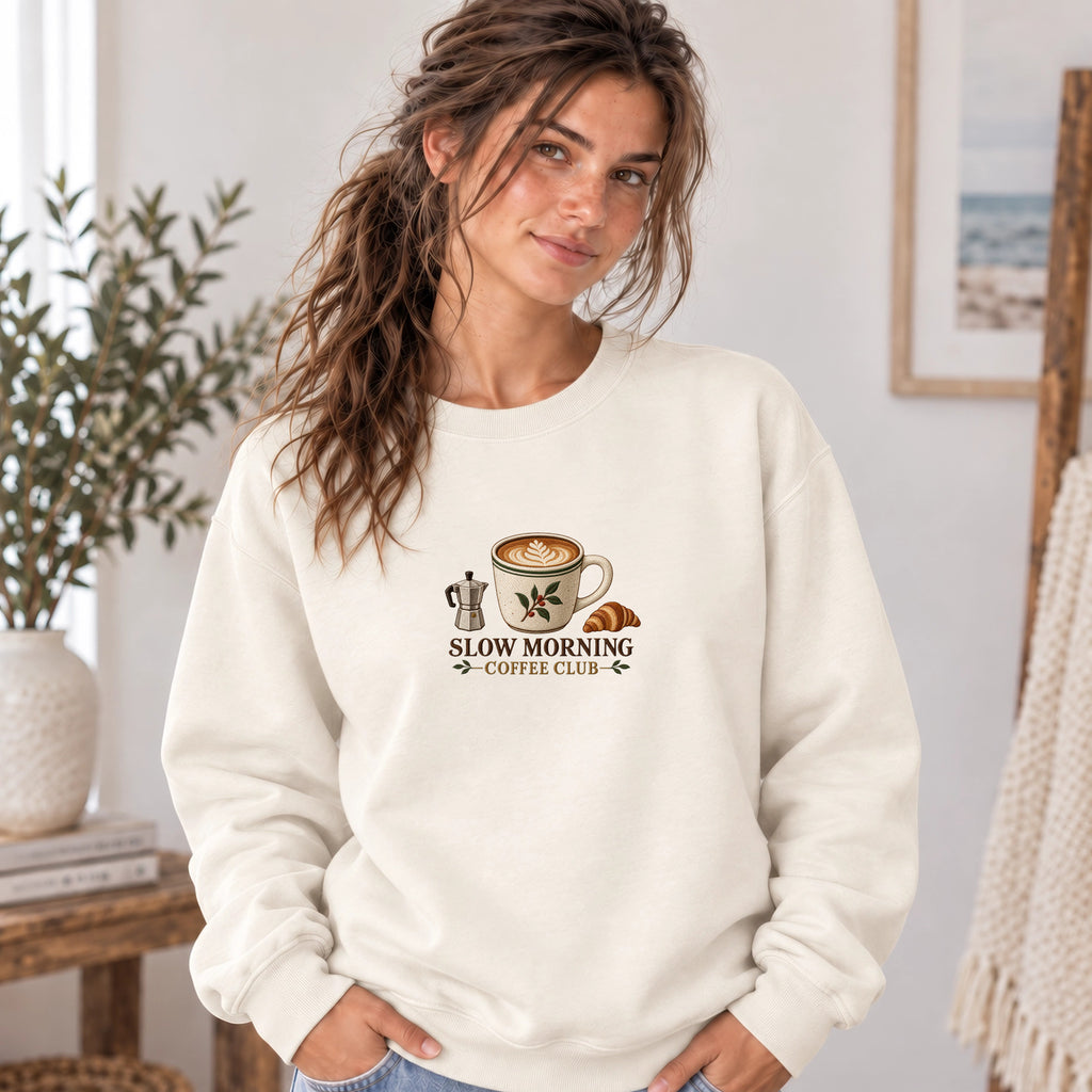 Slow Morning Coffee Club Sweatshirt | Coffee Club Design | Faux Embroidery