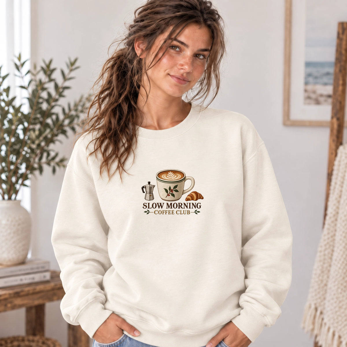 Slow Morning Coffee Club Sweatshirt | Coffee Club Design | Faux Embroidery
