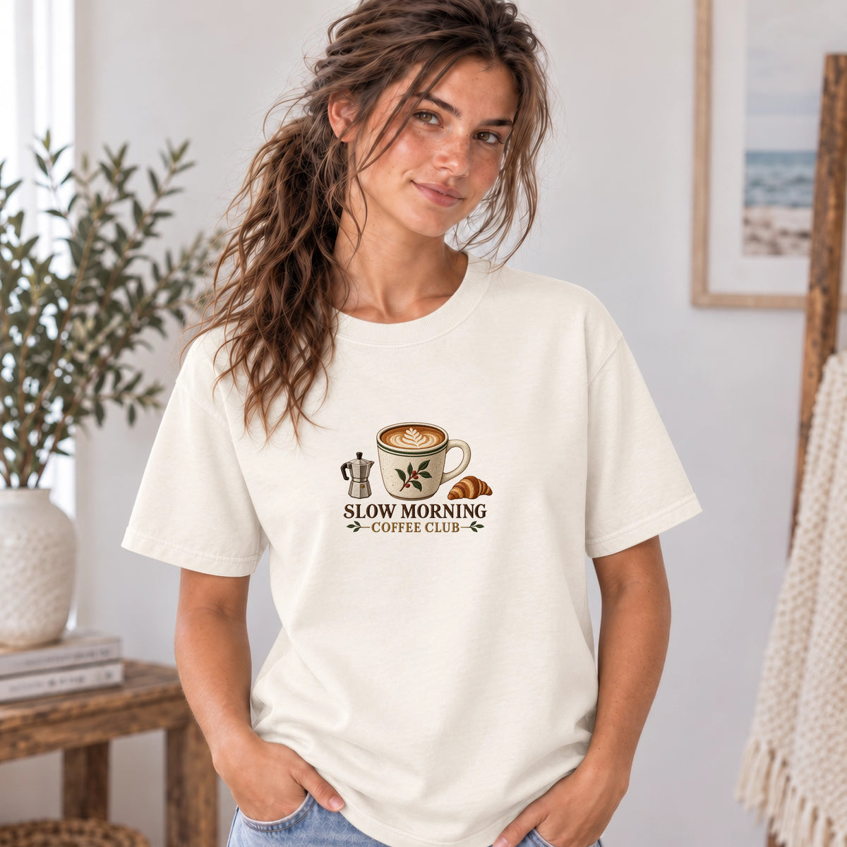 Slow Morning Coffee Club Shirt | Coffee Club Design | Faux Embroidery