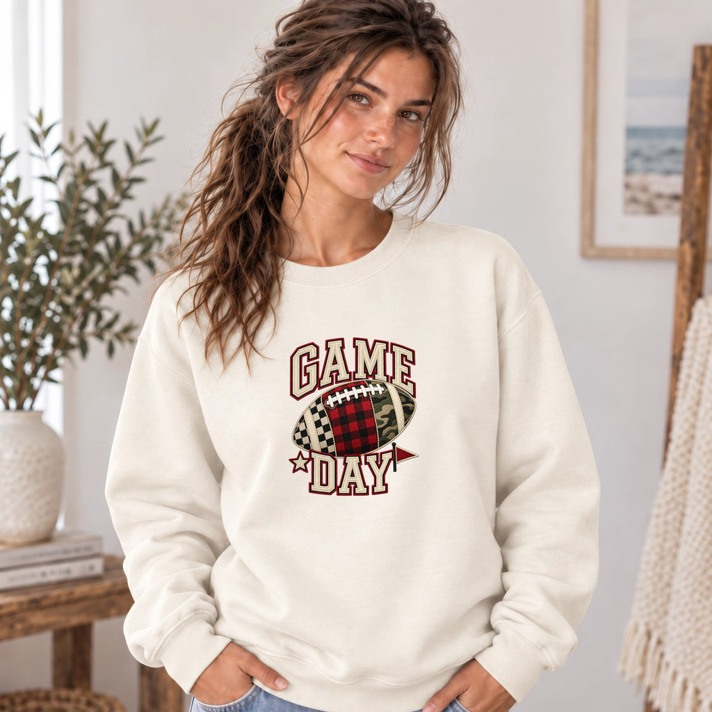 Football Game Day Sweatshirt | Faux Embroidery Game Day Long Sleeves Shirt
