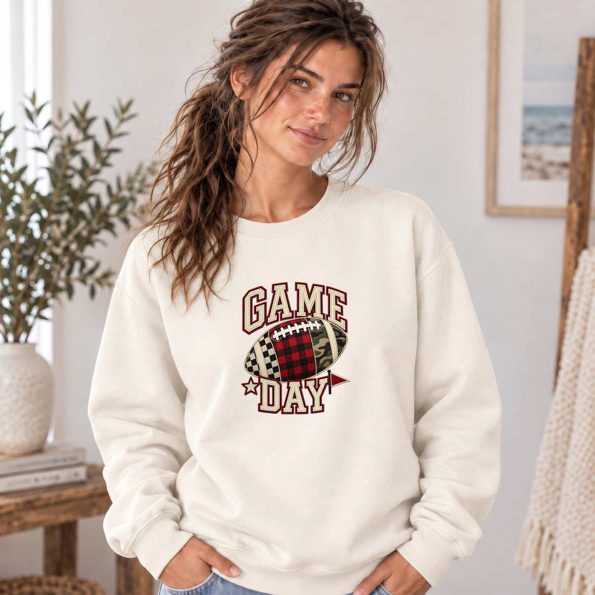 Football Game Day Sweatshirt | Faux Embroidery Game Day Long Sleeves Shirt