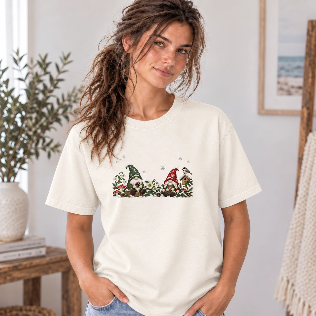 Christmas Gnome and Tree Scene Shirt | Faux Embroidery