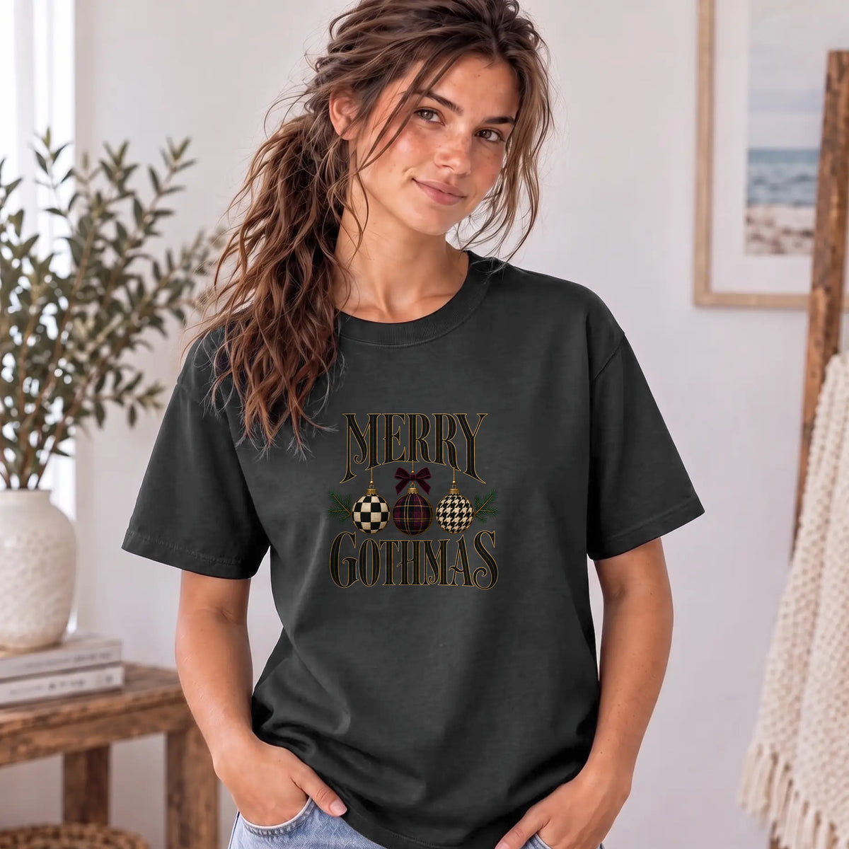 Merry Gothmas Christmas Ornament Design Shirt | Faux Embroidery