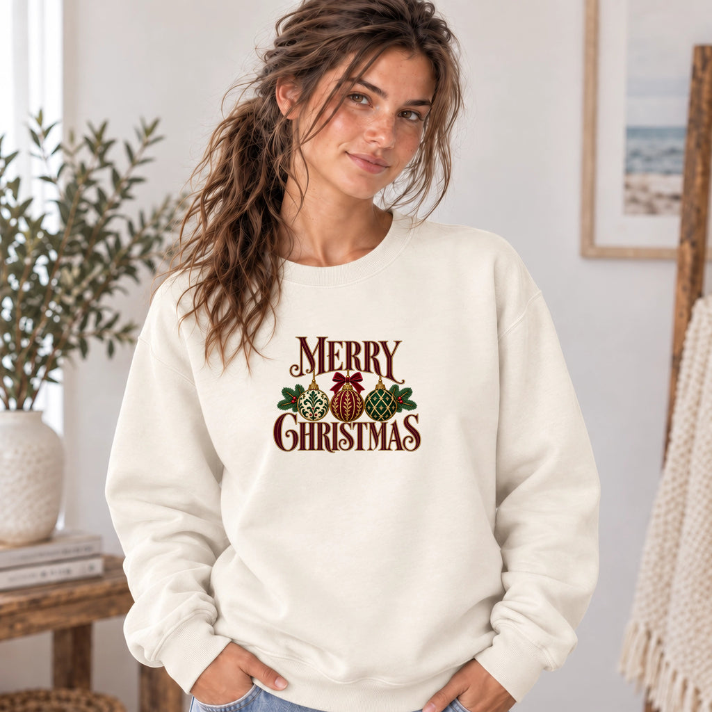 Merry Christmas Ornament Sweatshirt | Festive Christmas Ornament Long Sleeves Shirt | Faux Embroidery