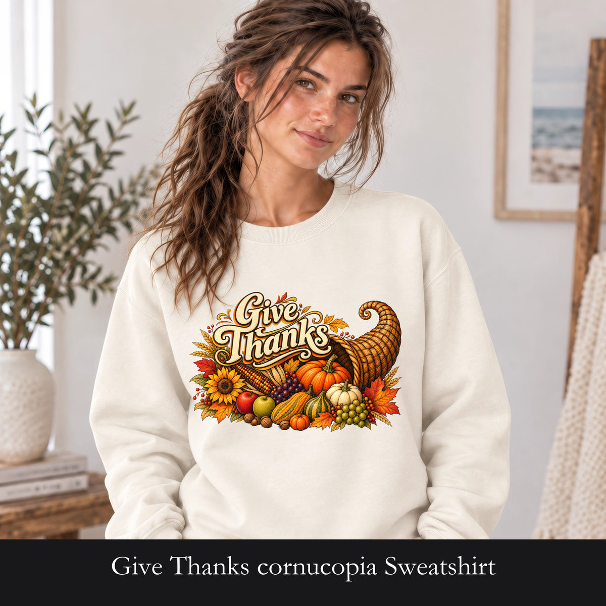 Give Thanks cornucopia Sweatshirt | Thanksgiving fall harvest crewneck