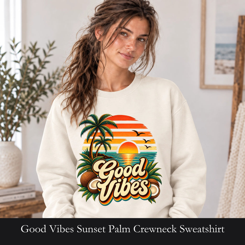 Good Vibes Sunset Palm Crewneck Sweatshirt | Retro Tropical Beach